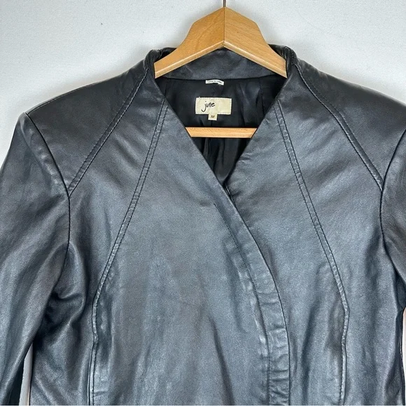 June Asymmetrical Leather Crop Jacket Black - Picture 2 of 9